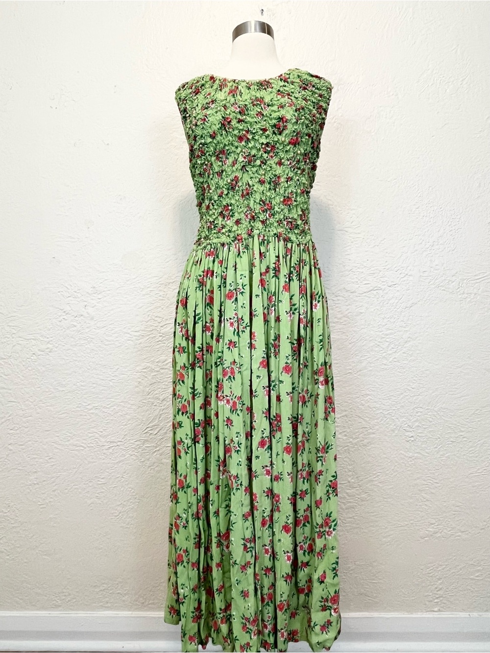 Vintage 90s Y2K Dress Green Pink Floral Beaded Smocked Cottagecore Boho Retro M